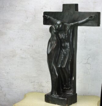 Large Statue Crucifix Virgin Mary Kissing Jesus Plaster F. Tinel Jugendstil 29"