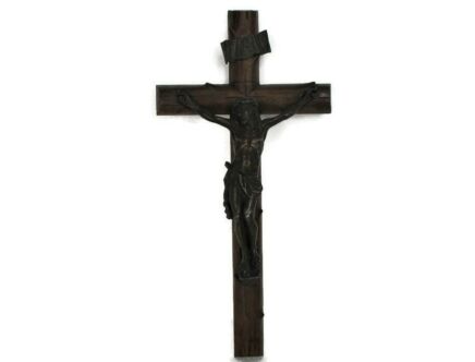Hand Carved Wood Hanging Crucifix Cross Jesus Christ Ornate Brass Corpus 9.05"