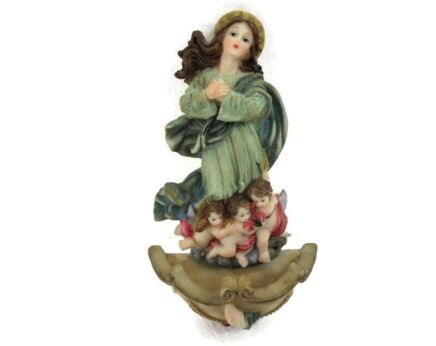 Vintage Holy Water Font Resin Virgin Mary Angels at her Feet Polychrome Wall Hanging Lovely