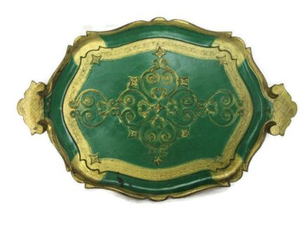 Large Mid Century Italy Hollywood Regency Florentine Serving Tray Green Gold Resin Decoration Ornate