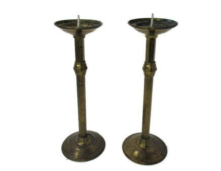 Antique XL Pair Candle Holders Candlesticks Altar Church Knotted Stem Brass Neo Gothic 1900