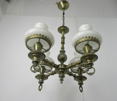 Chandelier Brass with Opaline Cased Glass Shades lampe Belge 4 Lights Lovely