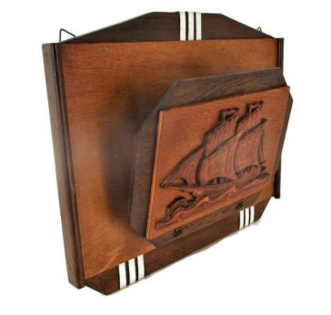 Art Deco Wood Magazine Newspaper Basket Rack Wall Mount Hanging Sailing Boat Ship HTF Two Toned