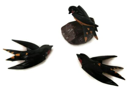 set of 3 Decorative Wooden Figurines Swallow Hope Faith Good Luck hand Carved Lovely
