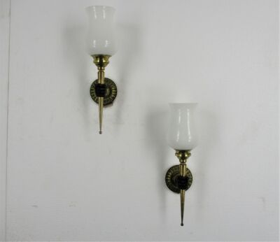 Pair French Bronze Maison Jansen Hand wall lights sconces 1960 Opaline Shades