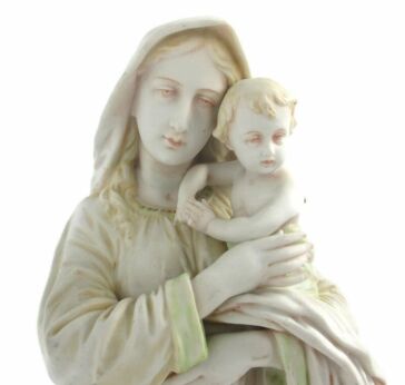 Volkstedt Antique Bisque Porcelain Statue Virgin Our Lady Mary Infant Jesus Gorgeous 19th century