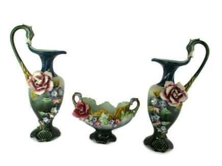 Set of 3 French Barbotine Majolica Vases Planters Centerpiece Pitchers Art Nouveau  Ducks