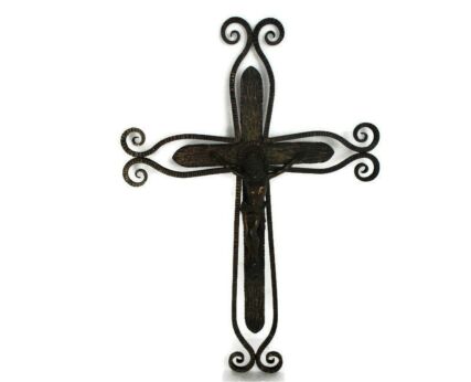 Beautiful Hanging Ornate Crucifix Cross Iron Copper Jesus Christ Mid Century 18.7"