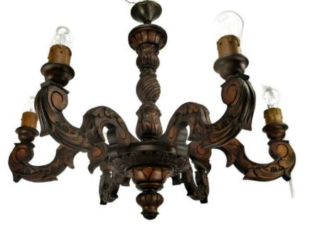 Antique Ornate Hand Carved wood Chandelier 5 lights arms Ceiling Lights