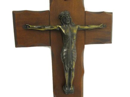 Vintage hanging Wall Crucifix Wood Oak Brass Modernist Corpus Jesus Christ Mid century 15.74"