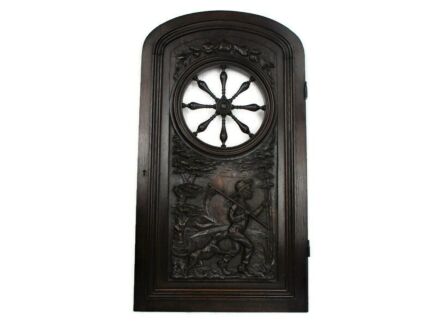 Antique French Breton hand Carved Wood Oak Door Panel Reclaimed Architectural Farmer with Dog WOW