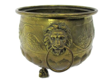 Large Planter Vintage Brass Kettle Decorative Lion Head Handles, Lion Feet Stunning Gothic