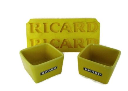 Two Yellow Ricard apero Dishes Ceramic French Apero Pastis + Ice Cubes Shape