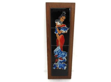 Vintage Ceramic Black Tile Wall Hanging Tile Dancing Girl Flamenco Spanish Dancer 70s