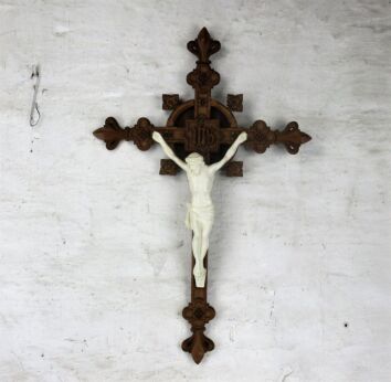 Large French Carved Wood Hanging Crucifix Antique corpus Fleur de lis 31.10"
