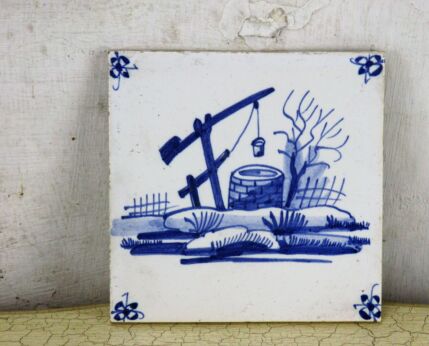 Vintage Blue White Wall Decorative Tile Delft Style Landscape Water well