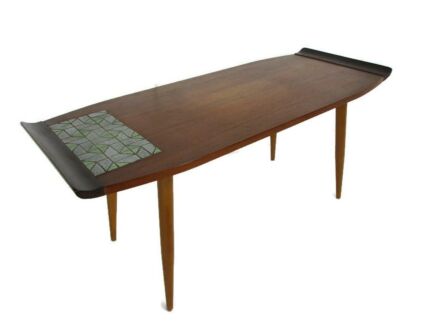 Vintage Coffee Table  Side Occasional Table era Eames Van Teefelen? Retro Funky  Wood tiles Nordic Surfboard table Rolled Edge