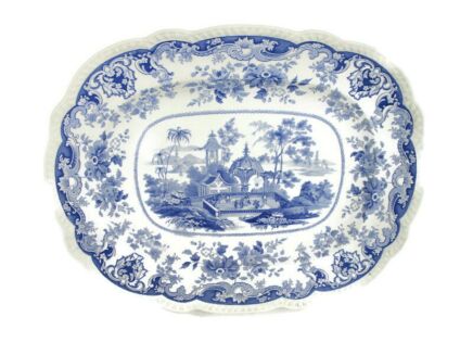 Large Blue White Transferware Dish Vieux Opaque China Centerpiece Platter Vintage