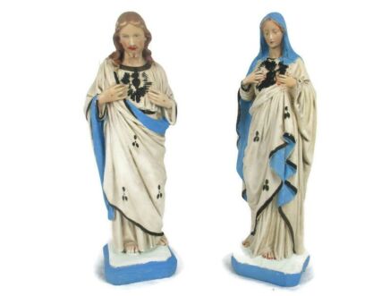 Pair Antique Statues  Jesus Christ Savior Sacred Heart Virgin Mary Madonna