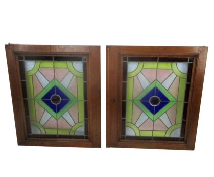 Pair Antique Leaded Glass hand Carved Oak Door Panels Reclaimed Architectural