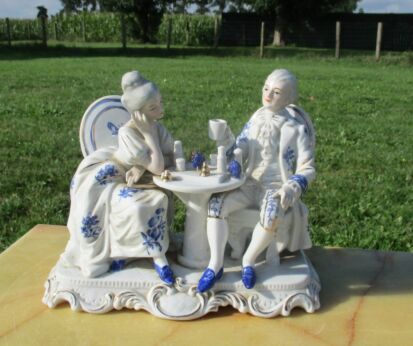 Vintage Large Porcelain Statuette Victorian Couple playing Chess Blue White