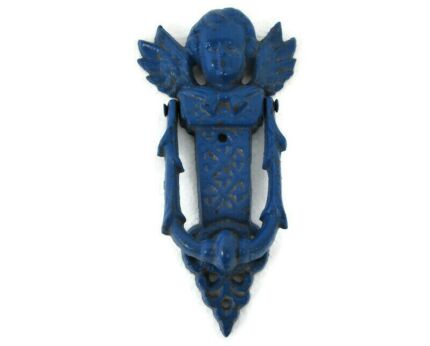 Vintage Door knocker Cast Iron French Angel Cherub Lovely Painted Blue