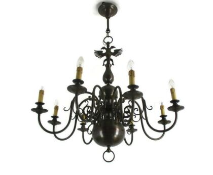 Antique Flemish Dutch Double Chandelier 8 Arms Lights Bronze 20th Century WOW