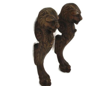 Pair Corbels Hand Carved Wood Panels Architectural reclaimed Lion Heads Antique Impressive