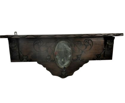 Ornate Hand Carved Wood Coat Hat Rack Lion Head Rings Gorgeous Oval Beveled glass Mirror Rare