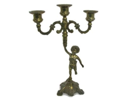 Vintage Brass Look Spelter Ornate 3 Arm Candle Holder Candelabra Putti Cherub  Gorgeous