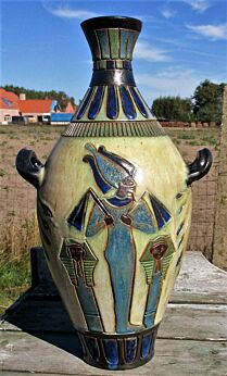 Art Deco Blue Egyptian Ceramic Vase Dubois Signed Fat Lava Handles Gorgeous