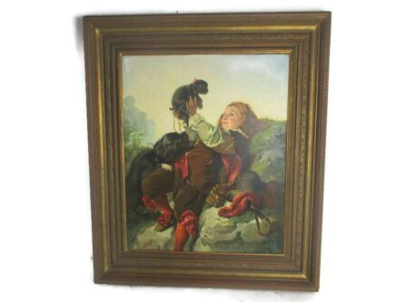 Oil Painting on Canvas Gorgeous Wooden Frame Musketeer Playing in the grass with dogs Puppy Signed Pieron