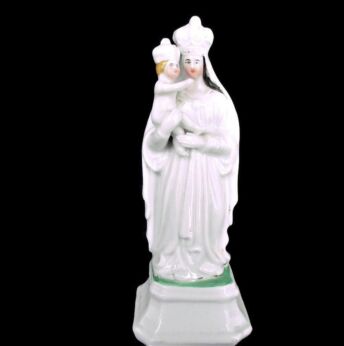 Miniature Antique 1900 Vieux Paris Bruxelles Porcelain Bisque Statue Notre Dame de Bonne Secour Virgin Mary Madonna Infant Jesus 5.9"