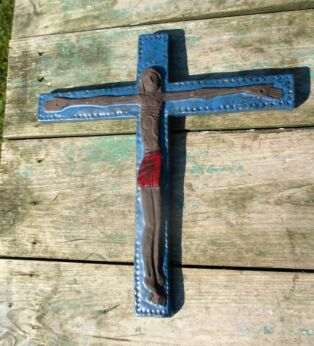 Blue Mid Century Design Ceramic Modern Crucifix Ceramics Jesus Christ 11.22"