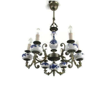 Dutch Delft Style Blue White Porcelain Brass Chandelier 6 Arm Lights Country