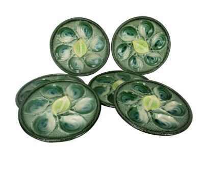 Set of 6 French Oyster Plates Porcelain Faience de St Clement Hand Painted