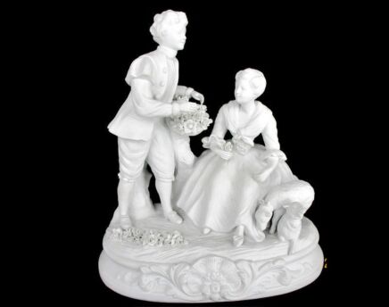 Large Porcelain statue Figurine Marked Bisque Victorian Couple Courting Lamb Marked D'apres Boudler Gorgeous