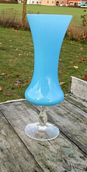 Aqua Blue Cased Opaline Art Glass Footed Vase Bottle Italian era Murano