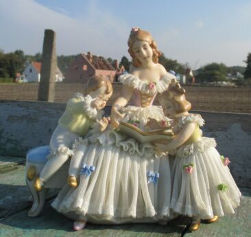 Porcelain Lady Figurine Marked Dresden Lace Victorian German Mother children
