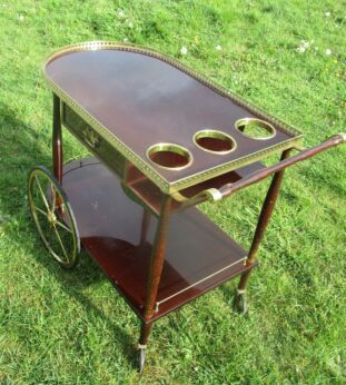 Bar Cart Italian Hollywood Regency Gold Chrome Cherry Wood Drawer