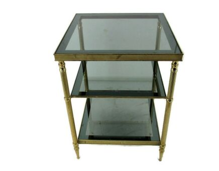 Mid Century Modern  coffee cocktail side table 3 tier tiered smoked glass Brass Design Gorgeous