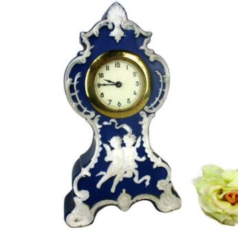 English Mantle Clock Wedgwood Style Blue Angels Jasperware Bisque