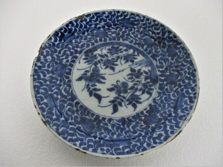 19th Century Delft Wall hanging Charger Plate Blue White Antique Flower Pattern Marked D 8.46"