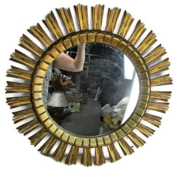 Large Wooden Sunburst Starburst Wall Hanging Mirror Mid Century Modernist