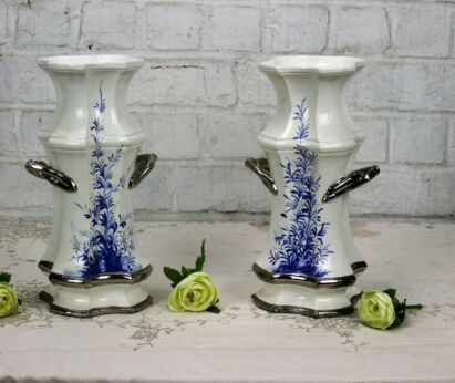 couple pair Trumpet vases Blue White Bassano Italy ceramic
