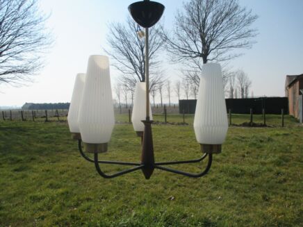 Mid Century Danish Modern Chandelier teak Opaline Shades Vintage 5 Lights