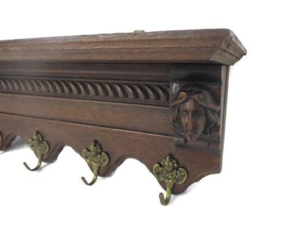 L Gorgeous French Hand Carved Oak Coat Kitchen hat Rack Knight Figurines Gothic