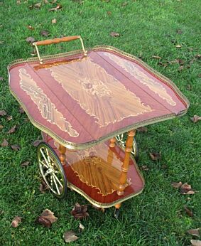 French Bar Cart Hollywood Regency Gold Chrome Wood Inlay Marquetry Foldable