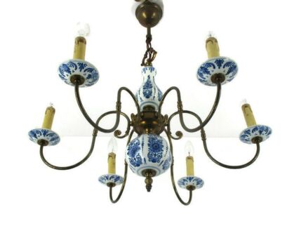 Dutch Delft Blue White Porcelain Ornate Brass Chandelier 6 Arm Lights Farm Style