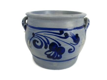 Antique French Stoneware Earthenware Crock Jar Lard Blue gray Barn Farm 7.28 "